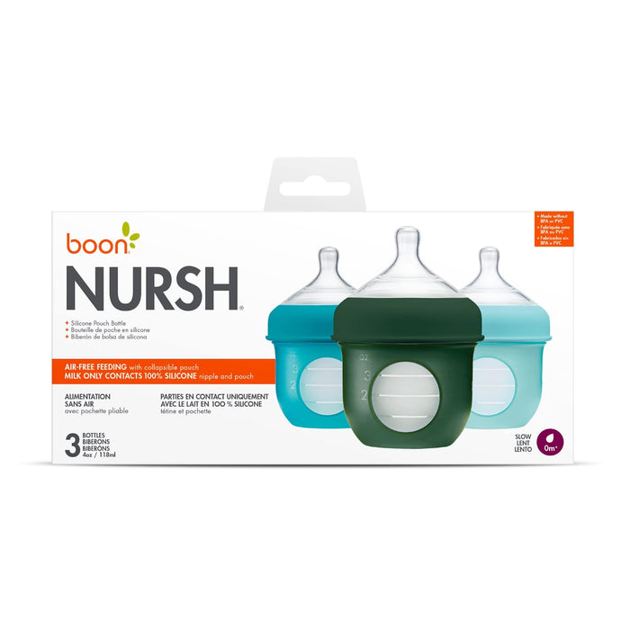 Boon, NURSH Reusable Silicone Pouch Bottle, 4 Ounce with Stage 1 Slow Flow Nipple - Pack of 3, Blue (B11228A4) - Preggy Plus