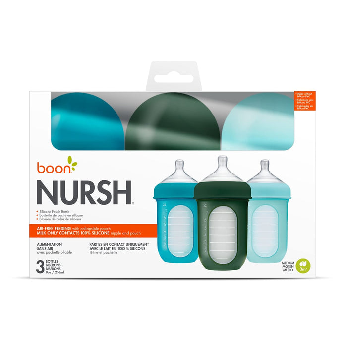 Boon, NURSH Reusable Silicone Pouch Bottle, 8 Ounce with Stage 2 Medium Flow Nipple - Pack of 3, Blue (B11225A3) - Preggy Plus