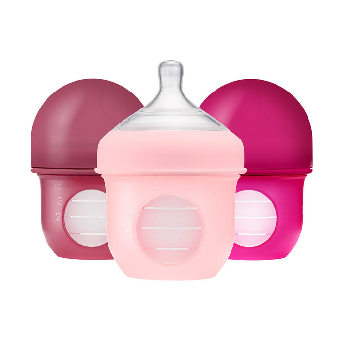 Boon, NURSH Reusable Silicone Pouch Bottle, 4 Ounce with Stage 1 Slow Flow Nipple - Pack of 3, Pink (B11229A4) - Preggy Plus